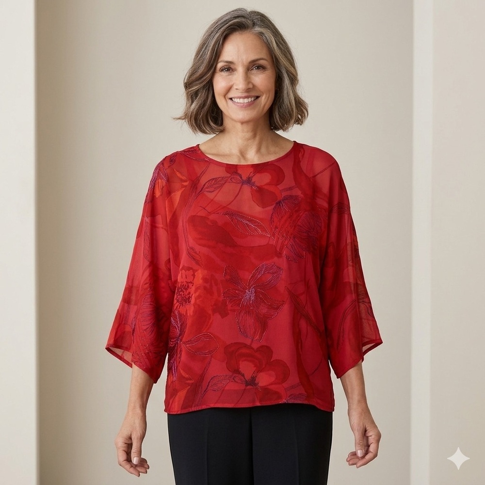 Chico's Vibrant Red Floral Boxy Top